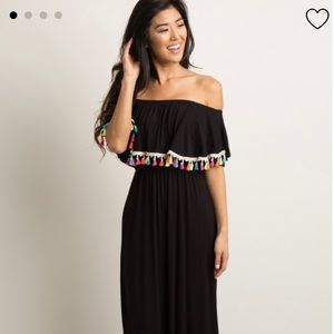 Black Tassel Trim Off Shoulder Maxi Dress